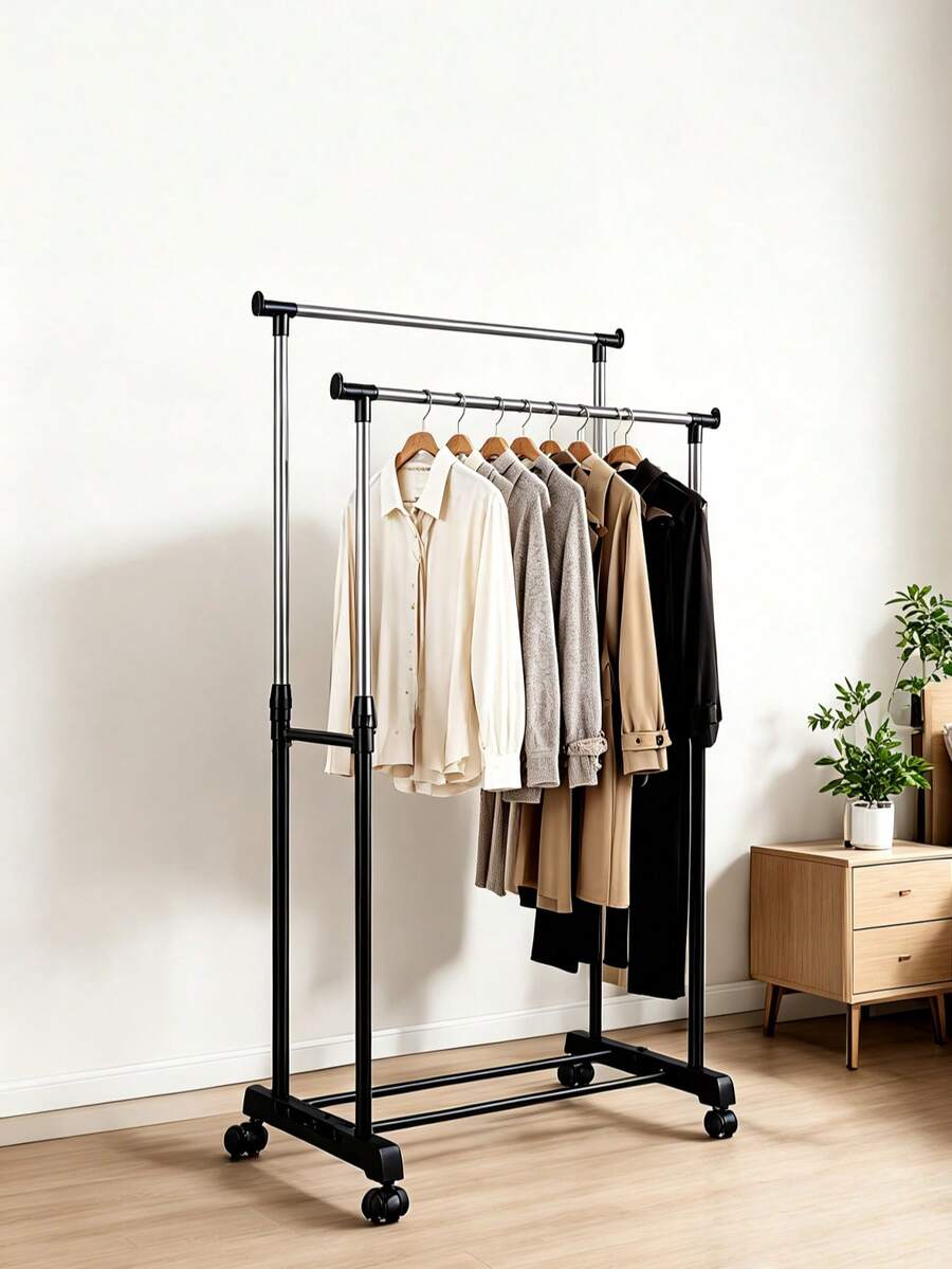 Single/Double Pole Height Adjustable Freestanding Metal Clothes Rack, Modern Minimalist Silver And Black Rectangular Frame Garment Rack With Universal Caster Wheels, Suitable For Bedroom, Balcony, Laundry Room And Clothing Display
