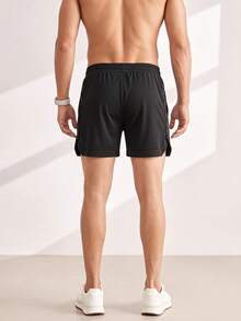 Driftmere Boyfriend Style Men Letter Graphic Drawstring Waist Split Hem Sports Stretchy Shorts Gym Shorts, Lightweight - Black - View 2