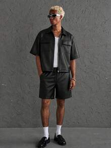 HOMIIE Men's 2 Pieces Set, Black PU Leather Short Sleeve Zipper Short Jacket & Elastic Waist Drawstring Shorts, Flap Pocket Streetwear Back To School Outfit - Black - View 6