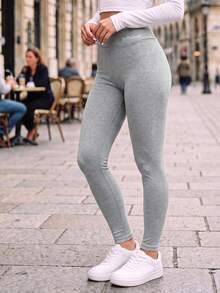 Women's Black Polyester Slim Fit Long Pants, High Waist Tight Leggings, Slight Stretch, Comfortable For Daily Wear - Grey - View 3
