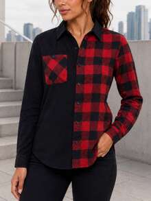 Women's Red And Black Plaid Patchwork Button Front Shirt With Chest Pocket, Long Sleeve Collared Casual Top - Black - View 1