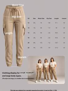 Spring/Autumn New Plus Size Women's Fashion Versatile Solid Color Minimalist Pocket Elastic Waist Drawstring Cargo Pants, Lightweight Polyester Micro-Stretch Soft Fabric - Khaki - View 10