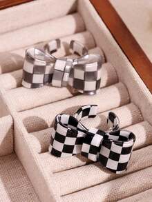 1/2pcs Y2K Black & White Checkerboard Bow Rings, Colorful Striped Print Rings, Daily Personalized Minimalist Women's Finger Rings Gift - Multicolor - View 10