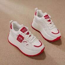 Zapatillas blancas de superficie de piel, nuevo modelo bicolor con plataforma elevada, calzado casual deportivo de suela gruesa, antideslizante para uso diario‑laboral - Rojo - Ver 4