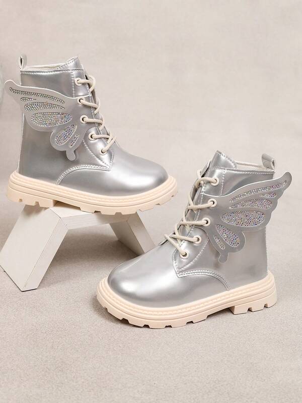 1 Pair Silver Wing Decor Soft PU Boots, Soft Sole Anti-Slip Front Lace-Up Short Ankle Boots, Suitable For Daily Casual, Warm, Hiking, Camping, Outings, Home, Gatherings, Outdoor Wear, Autumn/Winter New 2026