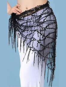 1pc Belly Dance Waist Chain, Practice Outfit Waist Scarf, Tassel Sequin Triangle Scarf, Versatile Waist Belt For Dance Beginners - Ten-line Towel - View 5