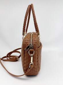 Checkered Crossbody Bag For Women Shoulder Plaid Handbags Top Handle Satchel Bag Woven Bum Bag Stylish Woven Crossbody Bag PU Leather - 棕色 - 查看 3