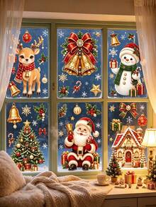 57pcs/6sheets Christmas Window Clings, Xmas Snowman Santa Claus Reindeer Snowflakes Tree, For Holiday Party Home Office Classroom Window Decals Decorations, Winter Silhouette Indoor Decor For Glass - Multicolor - View 7