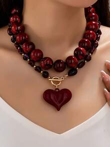 1/2pcs Thick Acrylic Bead Necklace, Large Heart Pendant, Marble Pattern Cream Color Personalized Toggle Clasp Choker, Women's Y2K Layered Jewelry - Multicolor - View 15