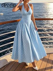 Aflion Women's Blue Halter V-Neck High Waist A-Line Maxi Dress, Back Ruched Tie Design, Y2K Sweet Style, Suitable For Summer Beach Vacation, Party, Dinner - Blue and White - View 2