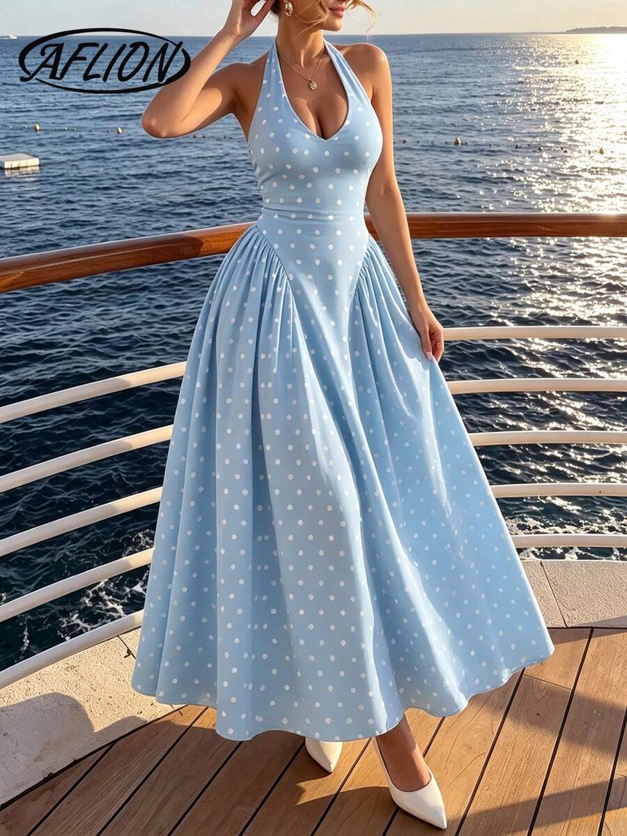 Aflion Women's Blue Halter V-Neck High Waist A-Line Maxi Dress, Back Ruched Tie Design, Y2K Sweet Style, Suitable For Summer Beach Vacation, Party, Dinner