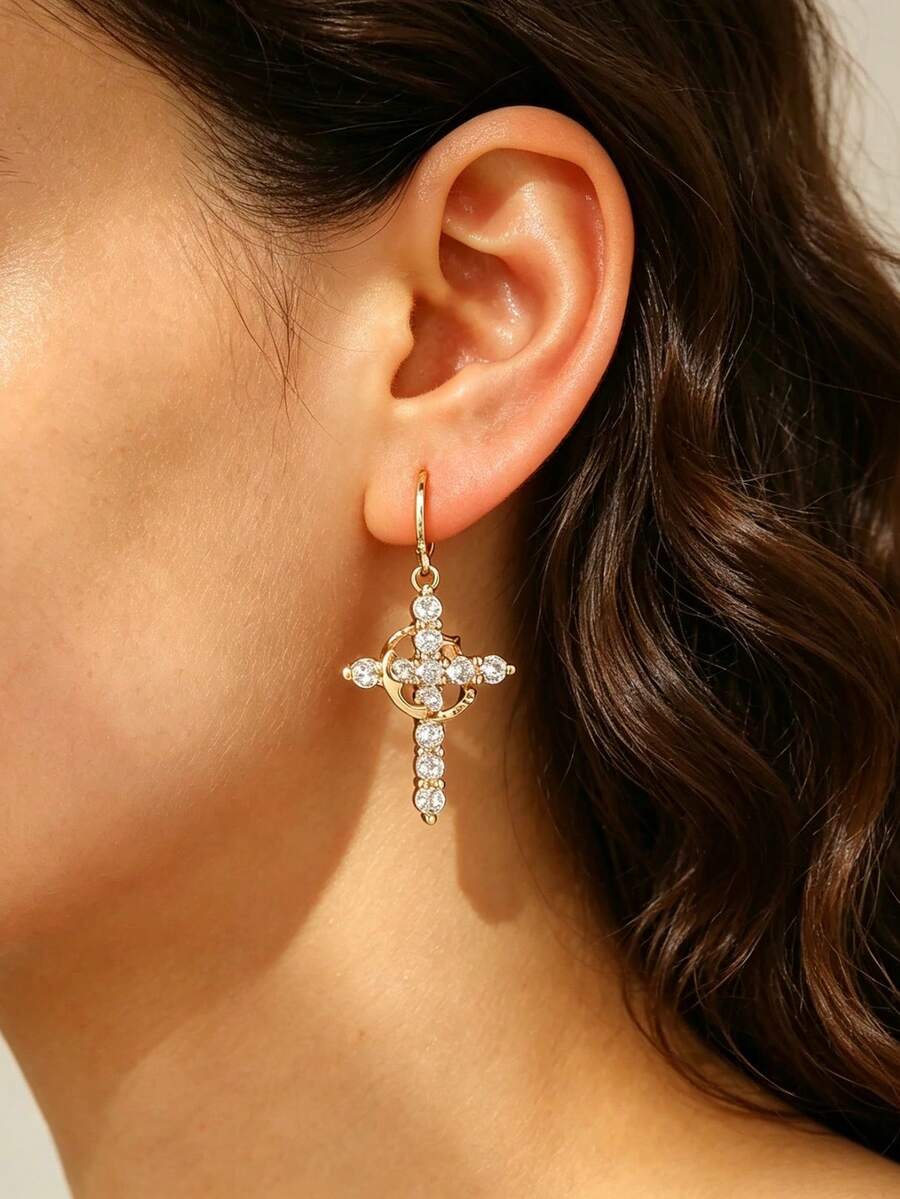Elegant Vintage Cross Dangle Earrings, Copper Base With Clear Rhinestone Inlay, Women's Date Earrings - Gold - View 1