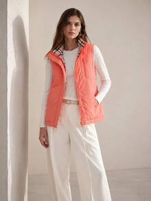 Women's Reversible Vest, 2-In-1 Sleeveless, One Side Plain, One Checkered. Loose Fit. - Coral Orange - View 1