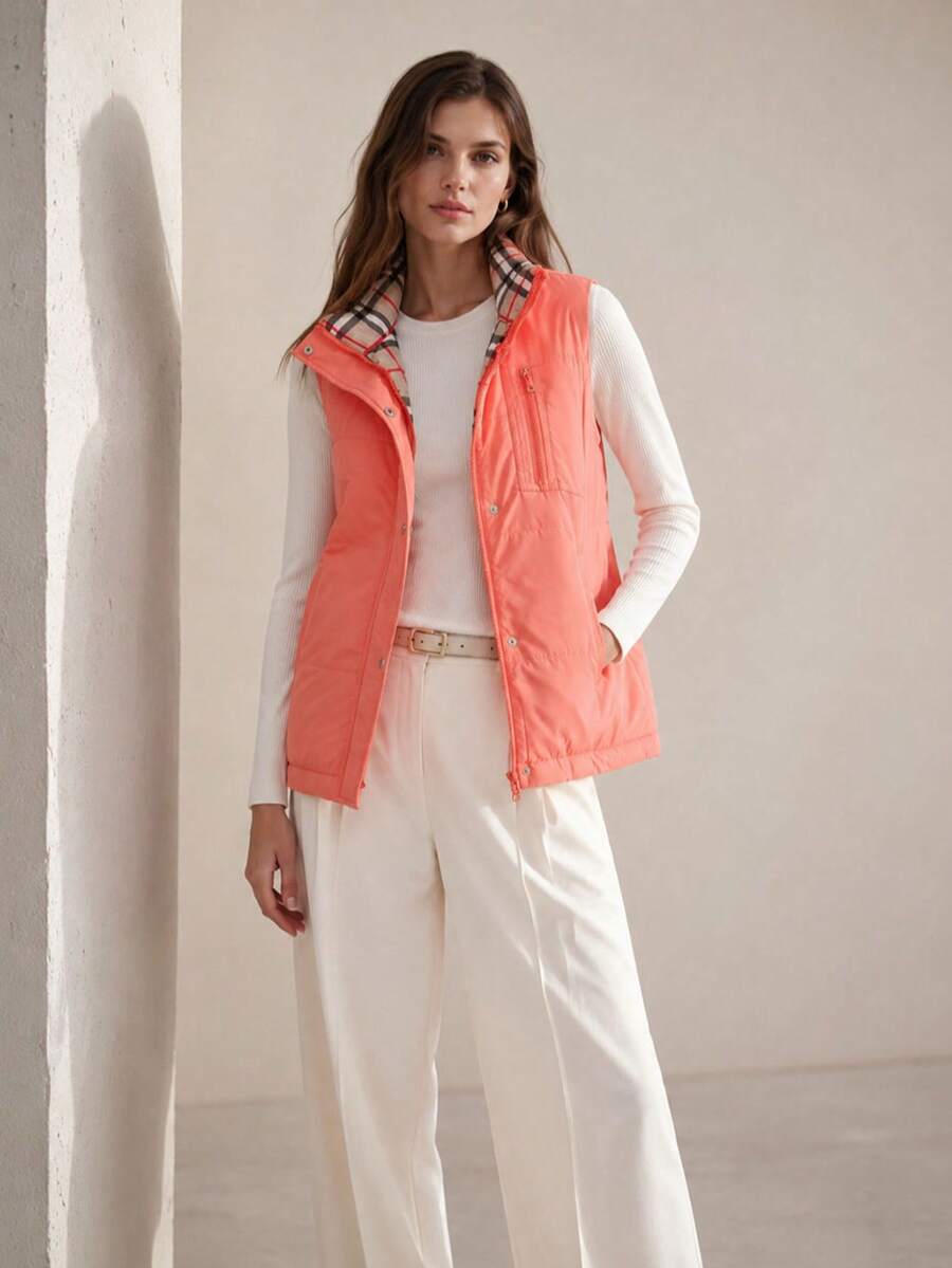 Women's Reversible Vest, 2-In-1 Sleeveless, One Side Plain, One Checkered. Loose Fit. - Coral Orange - View 1