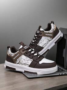 Zapatillas casuales planas con cordones y bloques de color para hombres, zapatos planos de pareja cómodos con estampado de impresión aleatoria y versátil para la calle - blanco marrón - Ver 3