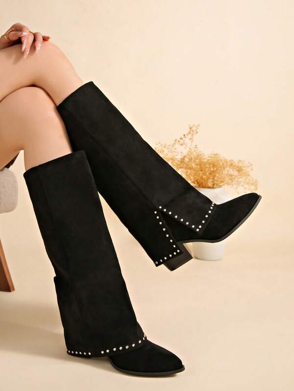 European And American Pointed Toe Tall Boots For Women 2026 Spring/Summer New Style Wide Shaft Slimming Straight Leg Boots Wedge Heel Riding Boots