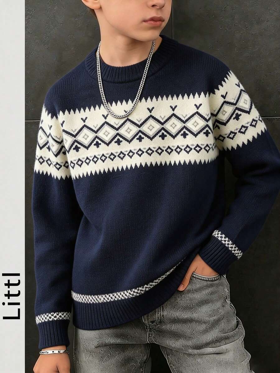 Tween Boys Vintage Nordic Jacquard Knit Top, Contrast Geo Print Fall Knitwear - Navy Blue - View 1