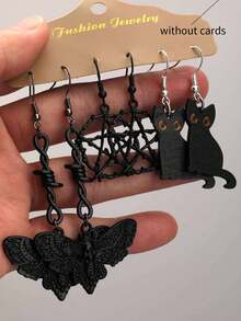 6pcs Vintage Gothic Dark Style Bat, Black Cat, Moon, Star, Skull Cat, Cross, Skull, Coffin Board Black Earrings Hoop Earrings Women Earrings Set (Card Not Included) - Multicolor - View 14