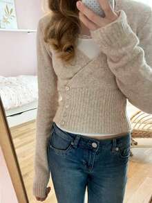 This Fashionable Women's Long Sleeve Cropped Wrap Knit Top Features A V-Neck Design And Is Adorned With Decorative Faux Buttons, Making It Perfect For A Variety Of Styles. - Khaki - View 3