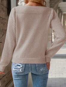 Women's Long Sleeve Fashion Casual Elegant Solid Color Hollow Out Pullover Round Neck Knit Sweater Top - Apricot - View 5