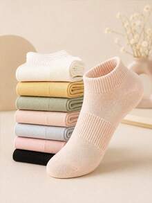 5/10 Pairs Women's Short Socks, Macaron Multi-Color Solid, High Elasticity Breathable Sweat-Absorbing, Combed Cotton, Anti-Slip Durable Non-Stuffy, Simple Colorful Socks For Daily Commute Home Leisure - Multicolor - View 4
