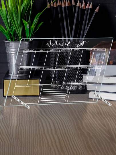 1pc Transparent Acrylic Desktop Planner Board, Vertical Weekly/Monthly Schedule Memo Board, Erasable Calendar Board With Metal Stand And Multi-Color Markers, Home Office Study Schedule Planner
