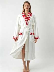 1 Stück Damen Paar Unisex Revers Jacquard einfarbiger Bademantel langer Morgenmantel Hausmantel Nachthemd Bademantel Korallenfleece weich saugfähig warm geeignet für Badezimmer Dusche Pool Hotel Ferienhaus Geschenk - Verschiedenfarbig - Übersicht 16