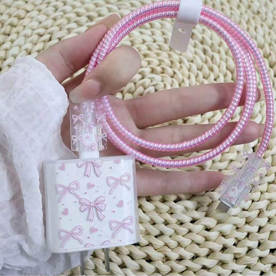 粉色蝴蝶結/花朵/愛心蘋果 18/20W 數據線保護套，相容 iPhone 16/16 Pro Max/15/14/13/11 充電頭保護殼，充電線防斷軟殼，適合送給朋友的禮物