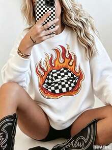 Checkered Flame Lips Shirt Western Graphic Tee Oversized Country Concert Tshirt  Western Clothes Retro Country Tee  Funny Graphic Tshirts - 白色1 - 查看 1