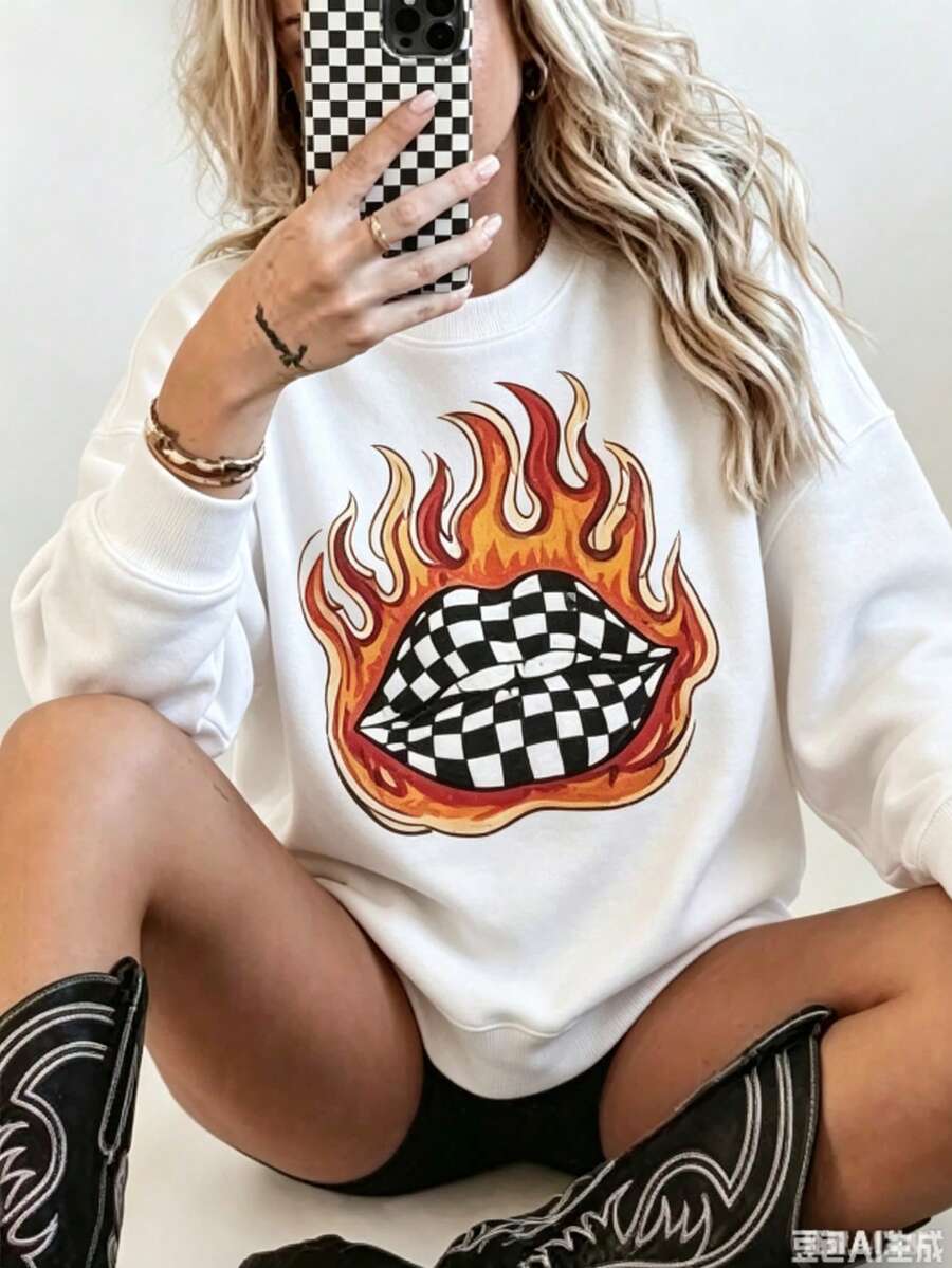 Checkered Flame Lips Shirt Western Graphic Tee Oversized Country Concert Tshirt Western Clothes Retro Country Tee Funny Graphic Tshirts - 白色1 - 查看 1