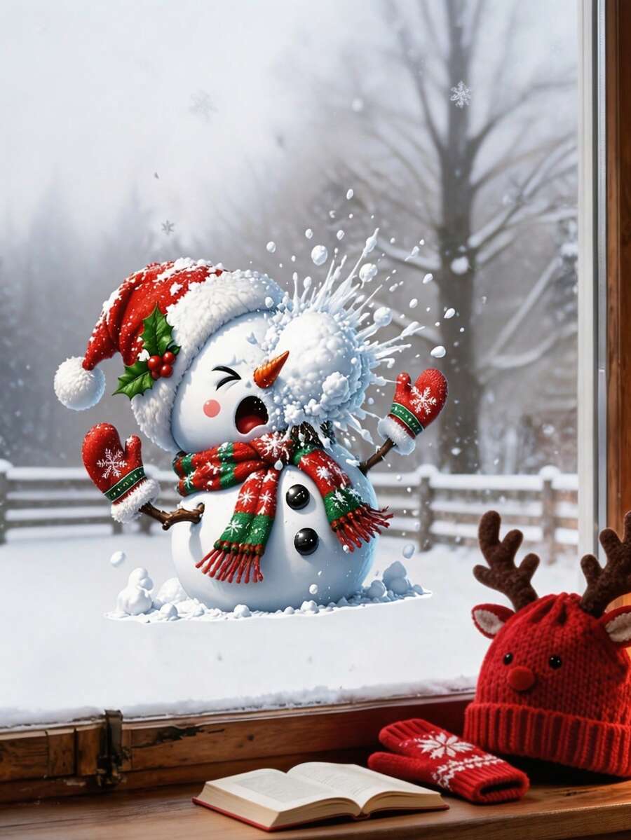 1pc Funny Snowman Sticker (Wearing Red Christmas Hat And Red Scarf), Christmas Static Cling Window Decal, Double-Sided Visible, Reusable No Residue, Removable Sticker, Suitable For Home Living Room, Holiday Party Glass Decoration - Multicolor - View 1