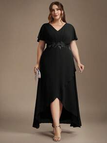 EVERPRETTY Plus Size Elegant V-Neck Ruched Bust Applique Black Wedding Guest Fall Mother Of Bride Dress Garden Formal Dress Dinner Occasion - Black - View 5