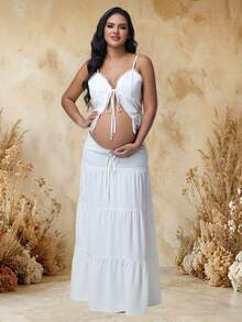 JustVH Women's Maternity Summer Set, Lace Patchwork Tie-Up Camisole Top & Flowy Long Skirt, 2pcs/Set Fall White - White - View 3