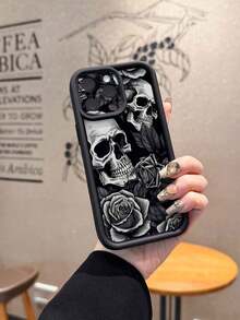 1pc Fashionable Black Rose Skull Pattern Lens Protection Thick Anti-Fall Anti-Fingerprint Black Diamond Sand Phone Case, Strong Protection, High Fashion, Suitable For Men And Women, Ideal Choice For Fashion Enthusiasts, Minimalist And Stylish, Compatible With Apple/Transsion/HONOR/ - Black - View 3