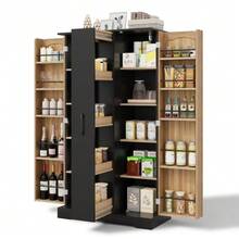 Kitchen Cabinet With Spice Rack, Spacious Double-Door Cabinet With 4-Tier Vertical Drawer, Adjustable Shelves And Modern Design – 150 * 78 * 40 Cm, Black - Black - View 11