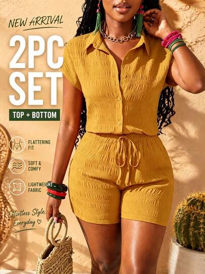 Women's Summer Casual 2Pcs Collared Short Sleeve Button-Down Top Drawstring Shorts,Daily Vacation Outfit,Summer Outfits For Women,Two Piece Set Women