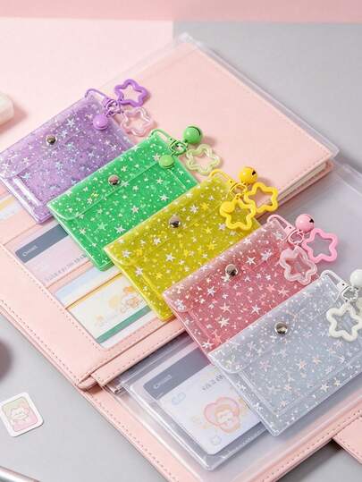 Shiny Star Credit Card Holder Storage Box With Hook, Bell & Flower Pendant Photo Display Stand, Also Works As Bus Card Sleeve, ID Holder, Coin Purse, Small Item Pouch, Compatible With Instax Photo Paper, Idol Cards, Bank Cards, Earrings And Other Mini Items, Sweet Cool Y2K Millennium Style, Suitable For Students And Fan Enthusiasts For Daily School, Commute, Shopping, Gatherings, Concerts, Graduation Season, Back To School, Teacher Gifts, For Friends And Family