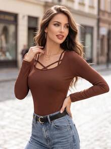 Women's Ribbed Knit Long Sleeve Top, Criss-Cross Square Neck Slim Fit, Suitable For Autumn Wear - Coffee Brown - View 4
