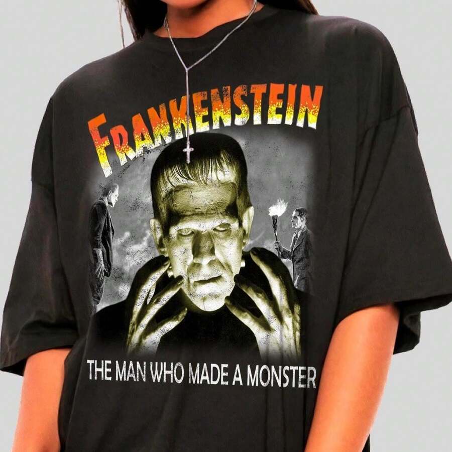 [Festival Outfits Women][Universal]FFrankenstein Shirt, Monster Movie Gift, Halloween Horror Tshirt, Spooky Season Tee - Black - View 1