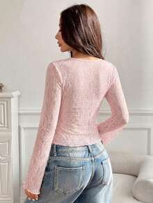 Fall Clothes For Women Wide Strap Bow Textured Lace Fabric Top, Sweet & Fashionable, Suitable For Daily Wear,Festival Outfits Women,Fall Outfits Tops - Baby Pink - View 4
