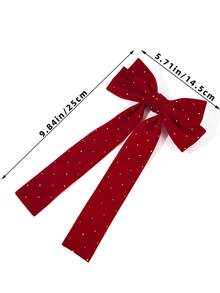 1 pieza Clip de pelo con lazo largo de terciopelo de unicolor con strass para mujer, accesorio de pelo de atmósfera suave, accesorio de retrato, regalo de vuelta a la escuela para niñas - Rojo con strass termoadhesivo - Ver 5