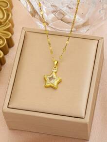1pc Rhinestone Star Pendant Necklace With Crystal Star, Cute Fashion Jewelry, Suitable For Children's Party, Ball, Date And Daily Wear Gift - Gold - View 4