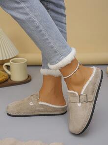 Women's Comfortable Soft Fur Lined Slip-On Closed-Toe Mule Slippers With Buckle Design, Casual Style, Autumn/Winter Daily Home Slippers, Khaki Color, Plus Size - Khaki - View 4