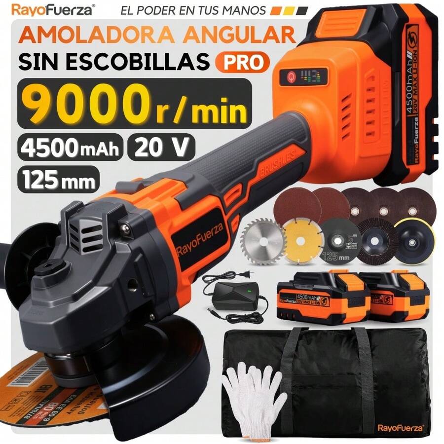 Kit De Amoladora Esmeriladora Angular Inalambrica 20 V, Incluye Bateria y Cargador ,Hojas de Corte,Pulido,etc. - Naranja - Ver 1