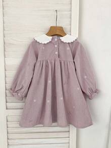 Gaun Korduroi Kerah Peter Pan Gaya Korea untuk Anak Perempuan dengan Bordir, Gaun Putri Lengan Panjang Musim Semi/Musim Gugur - Mauve Purple - View 3