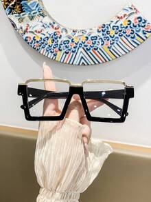 1 Pair Women's Square Black Metal Inlaid Eyeglass Frames, Clear Lens Fashion Glasses - F - View 1