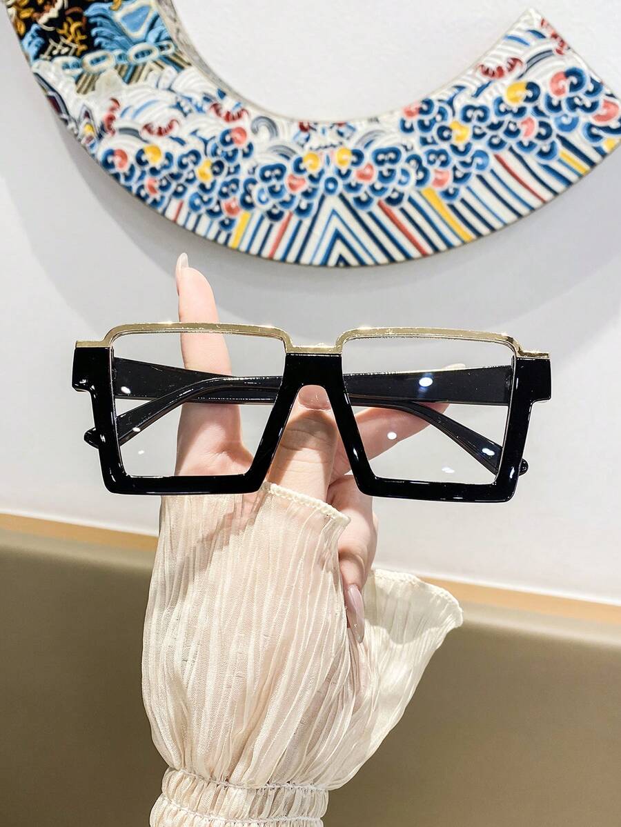 1 Pair Women's Square Black Metal Inlaid Eyeglass Frames, Clear Lens Fashion Glasses - F - View 1
