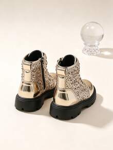 1 Pair Gold Sequin Performance Boots, Shiny Mirror PU Patchwork Material, Round Toe Elastic Soft Sole Inner Zipper Design, Glamorous Princess Style Leather Boots, Suitable For Daily, Holiday, Performance, Autumn/Winter New - Gold - View 8