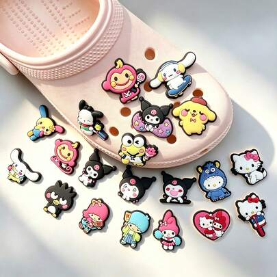 Sanrio Series Cute Cartoon DIY Bag & Pen Accessories. KT Cat, Kuromi, My Melody, Cinnamoroll PVC Shoe Charms, Cute Wooden Clog Accessories For Women, DIY Shoe Pins, Perfect Gift For Back To School And Mother's Day, Suitable For Sandals And Slippers, Beautiful Shoe Decoration Accessories, Ideal Birthday Party Gift For Sanrio Fans