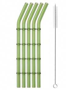 GASUDIN 1/2/5Pcs Creative Design Glass Straws With Cleaning Brush, Bamboo-Textured Reusable Drinking Straws, High Borosilicate Glass For Tea Coffee Cocktails Smoothies, Party Favors & Holiday Gifts, Dishwasher Compatible, Back To School - Green - View 10